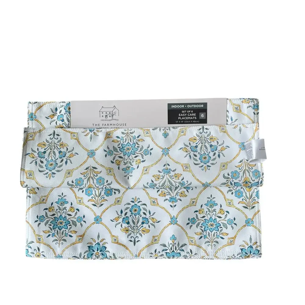 Rachel Ashwell Farmhouse Floral Placemats 13x19 Yellow Blue White Set of 6 NEW
